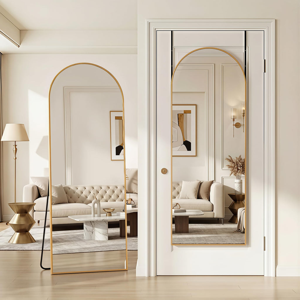 58"x20" Over The Door Mirror, Arched Full Length Mirror, Gold