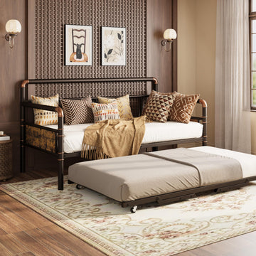 Twin Daybed and Foldable Pop Up Trundle, Metal Trundle Bed, Brown