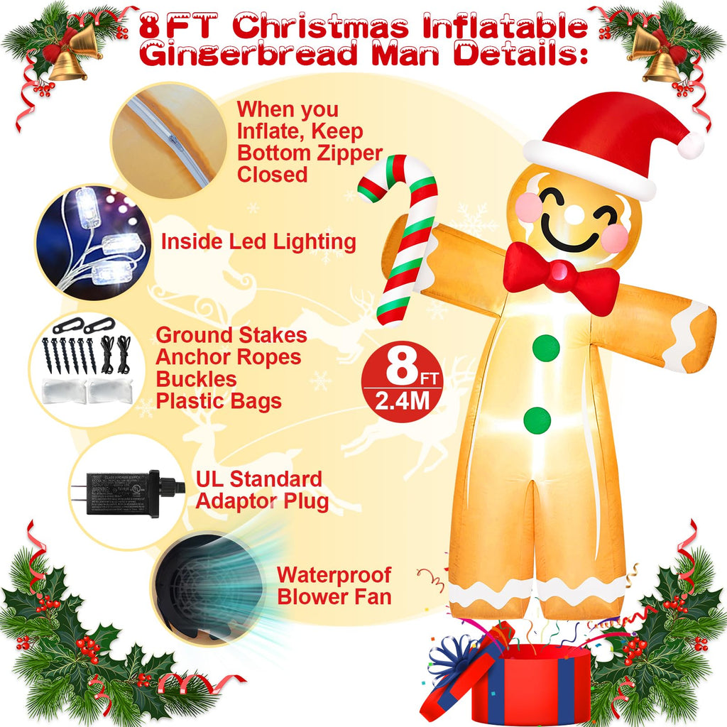 8FT Tall Giant Gingerbread Inflatable Christmas Decorations Outdoor Candy Cane, Built-in LED Lights Funny Ginger