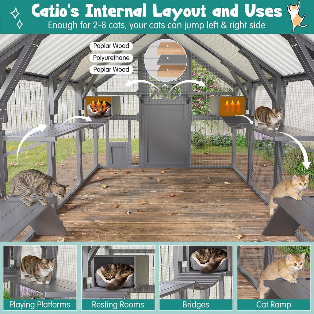 Extra Large Outdoor Catio for Multiple Cats, Walk-in Wooden Cat Enclosure with Bridges, 8 Platforms, 2 Resting