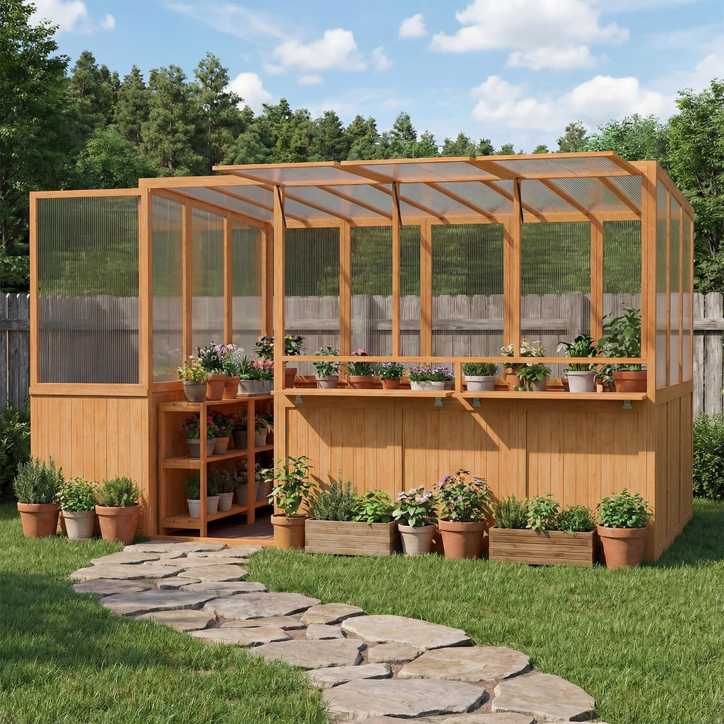 6x10 Ft Wood Greenhouse for Outdoors | Walk-in Green House w/ Openable Window & Lockable Door, Heavy Duty Reinforced