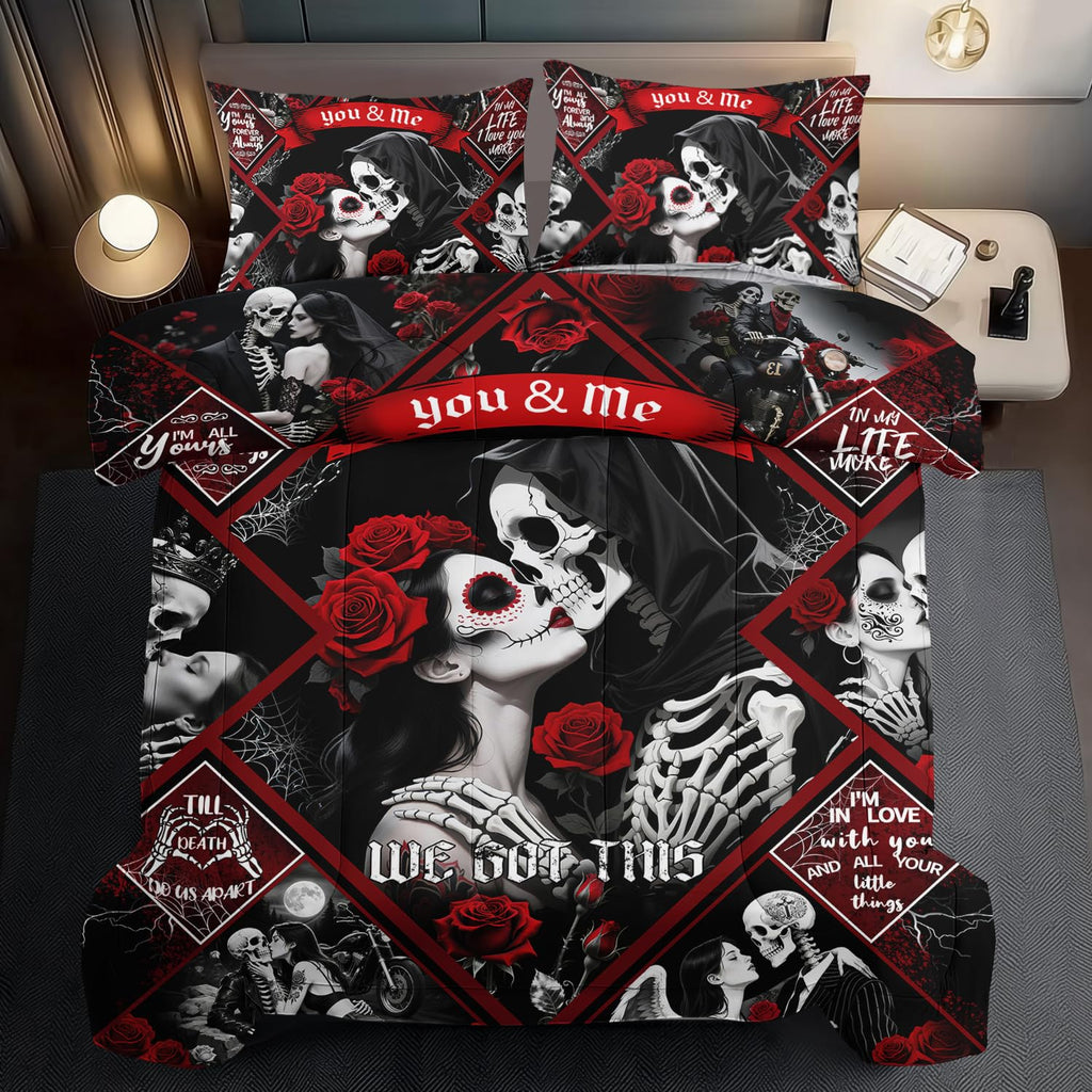 Red Skull Comforter Set Full Size Women Men Black Goth Bedding Set GirlsGothic Full Size Comforter Couple Red Rose