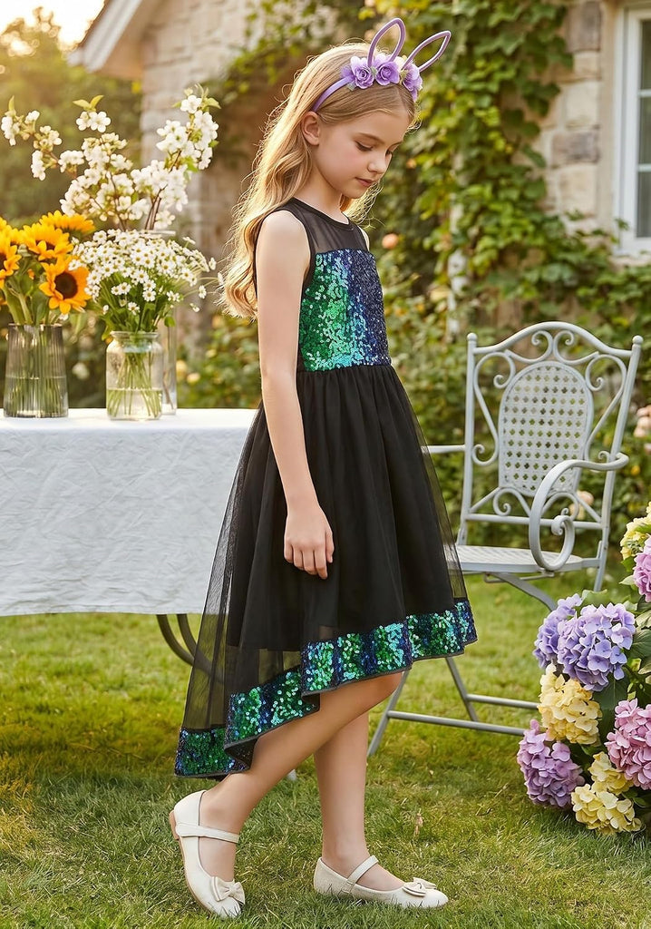 Girls Sequin Party Formal Dress Wedding Guest Sparkle Fancy Birthday Tulle High Low Prom Dresses