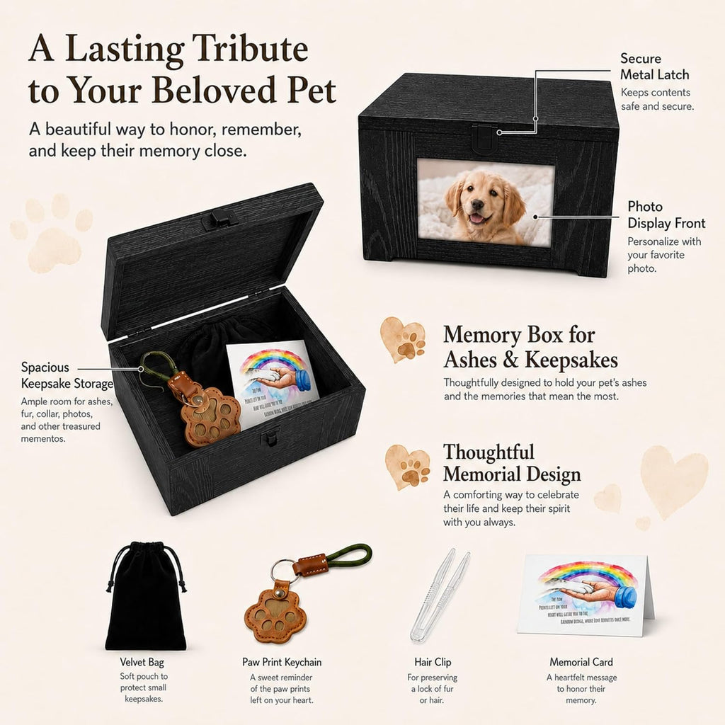 Dog Urn for Ashes - Wood Pet Cremation Box with Photo Frame, Cat Dog