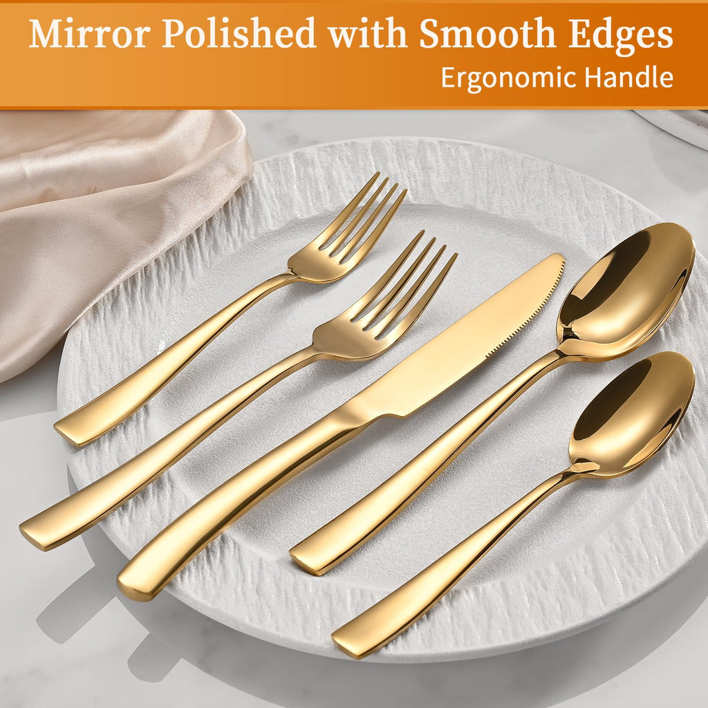 Gold Silverware Set, Heavy Duty Stainless Steel Flatware Cutlery Set Service for 8, Food-Grade Utensil Sets