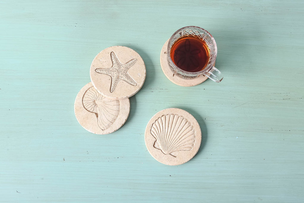 Beach Coasters for Drink 4PCS Absorbent Starfish Seashell Round Coasters