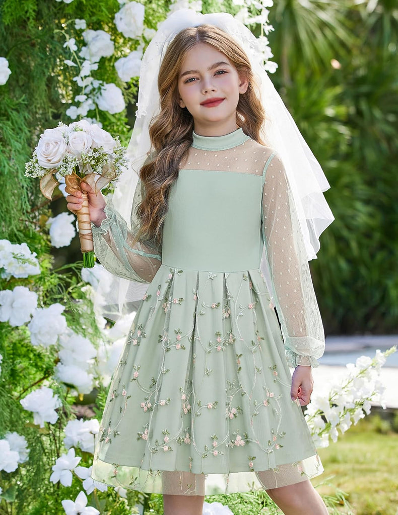 Girls Dresses Contrast Mesh Puff Long Sleeve Formal Party Dress