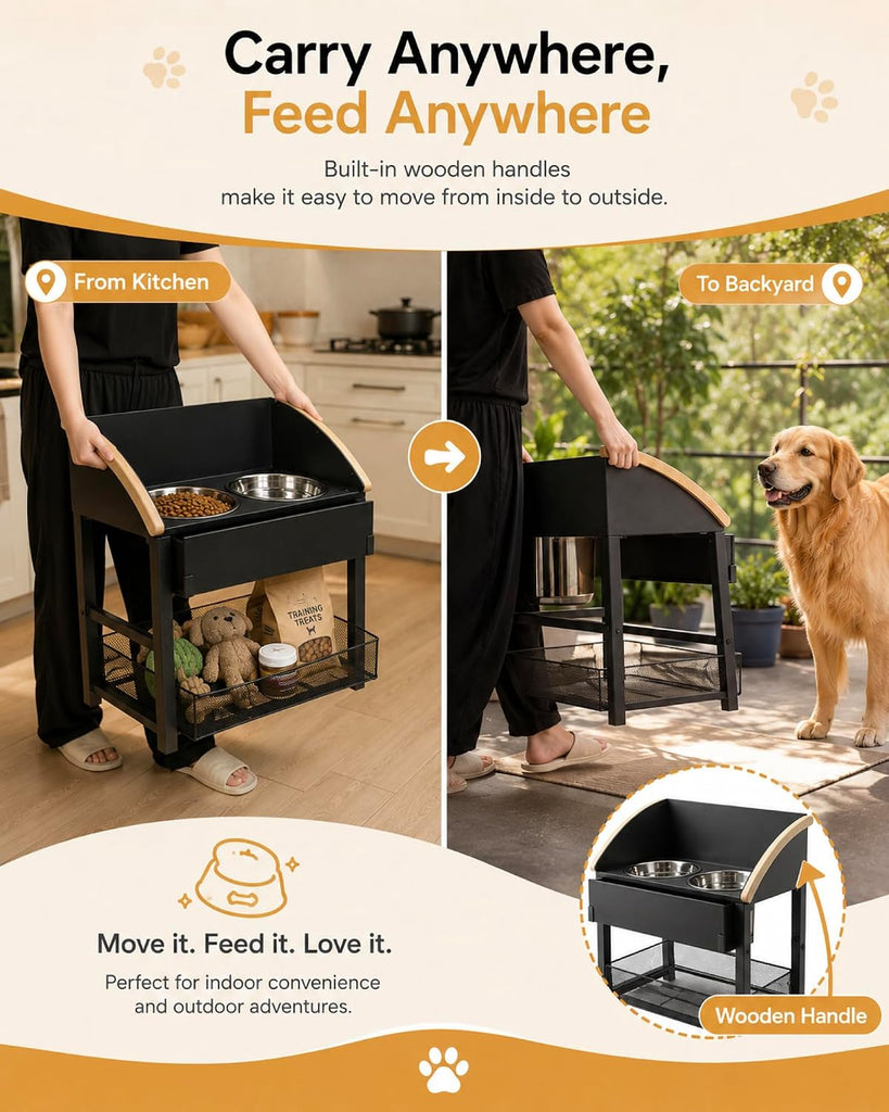 Elevated Dog Bowls for Large Breed Dogs with Storage Basket, 13 Inch Tilted Raised Dog Bowl Stand with Stainless