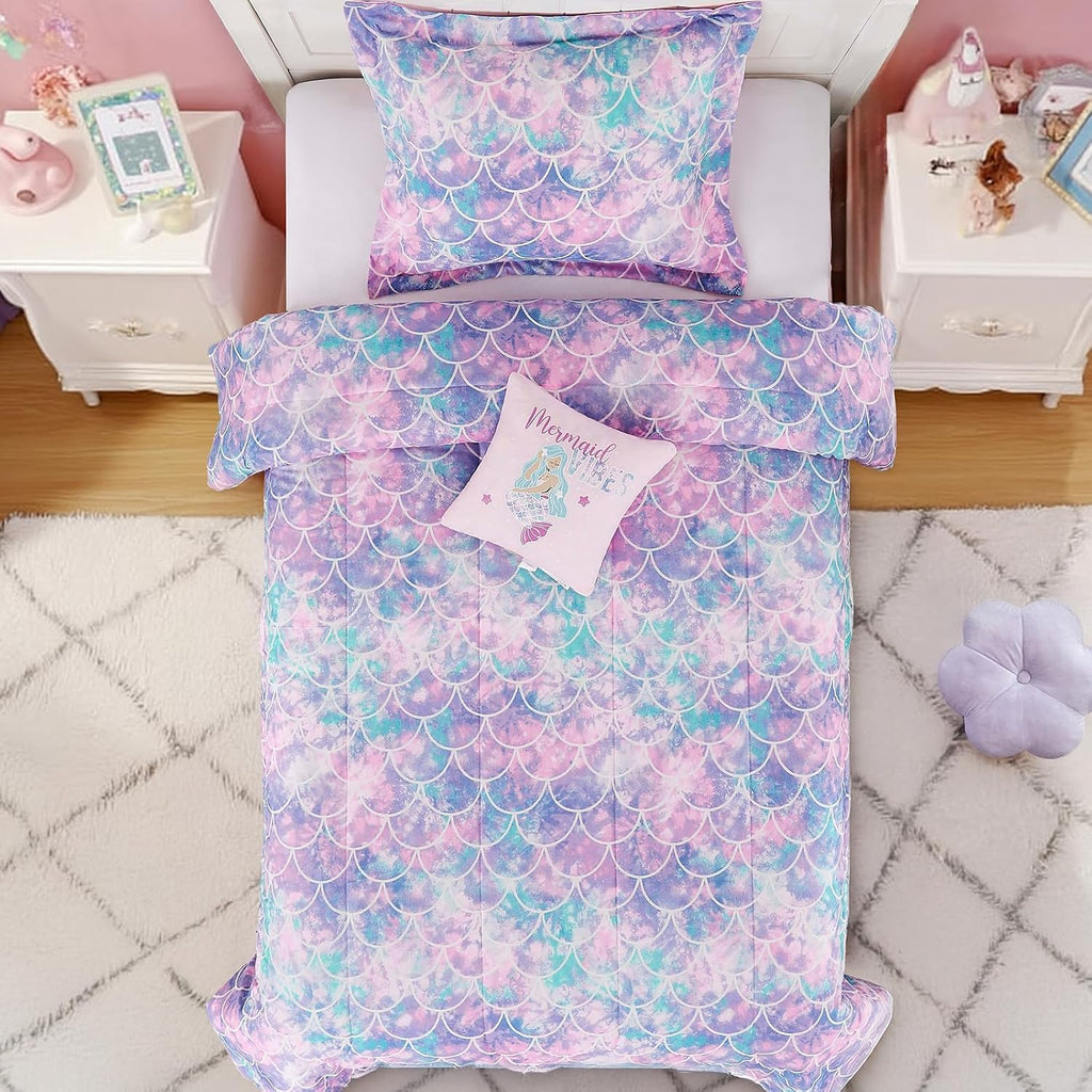 Twin Comforter Set for Girls-3 Pieces Mermaid Glow in the Dark Twin Bedding Sets for Kids, 1 Comforter, 1 Sham and 1