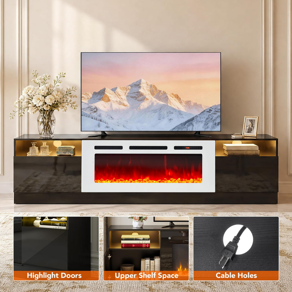 90" Fireplace TV Stand for TVs Up to 100", LED Light Entertainment Center with 50" Electric Fireplace, Modern Wood
