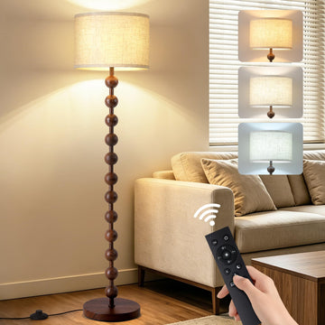 62" Farmhouse Floor Lamp with Remote, Dimmable Standing Lamp, Walnut Grain