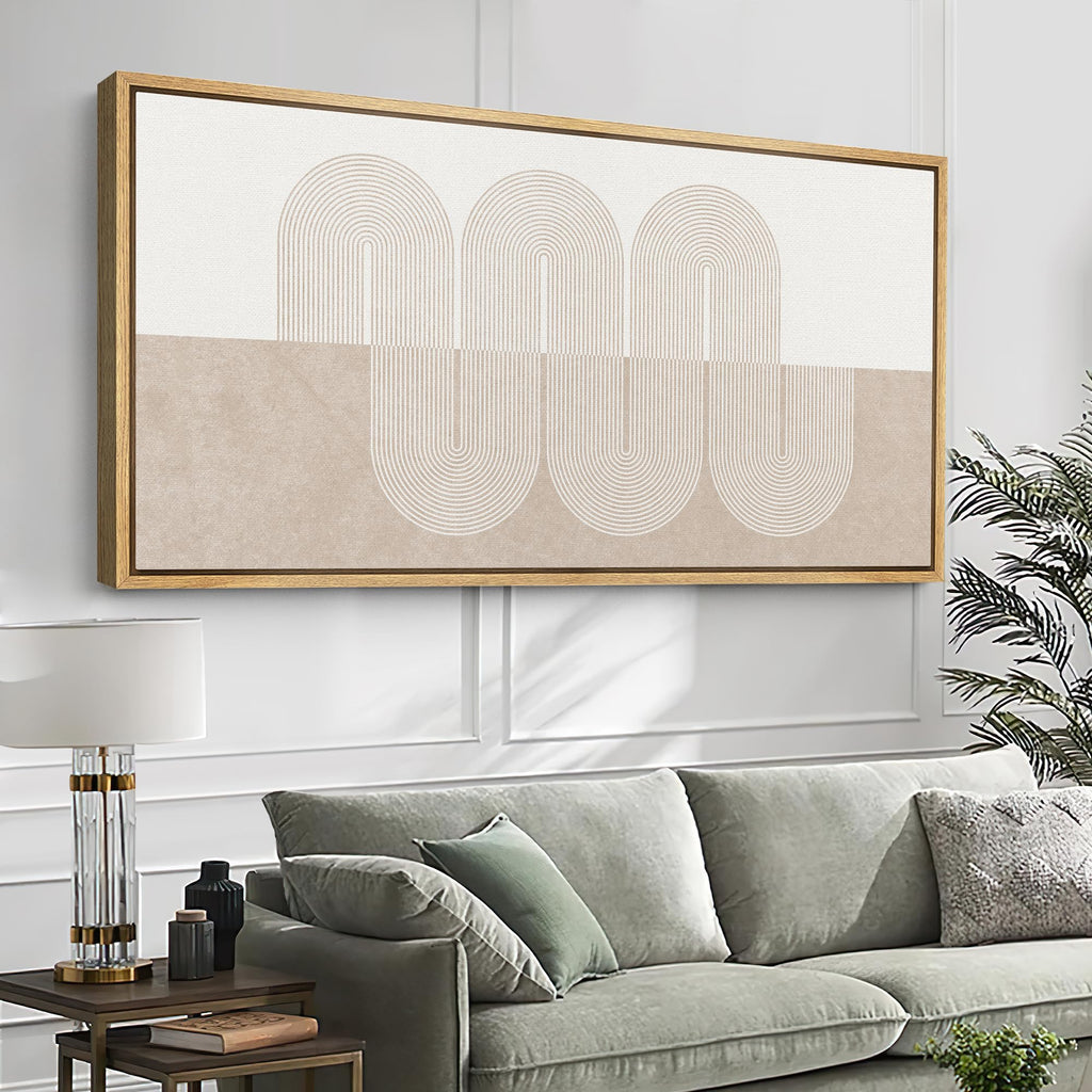 Extra Large Framed Canvas Print Wall Art Minimalist Line Art Curved Line Pattern in Neutral Beige Tones Geometric