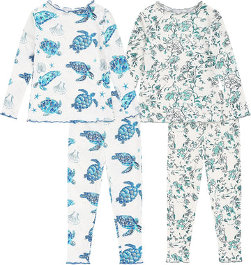 Toddler Girl 4 Piece Pajamas Sets, Snug Fit Lettuce Trim Printed Sleepwear