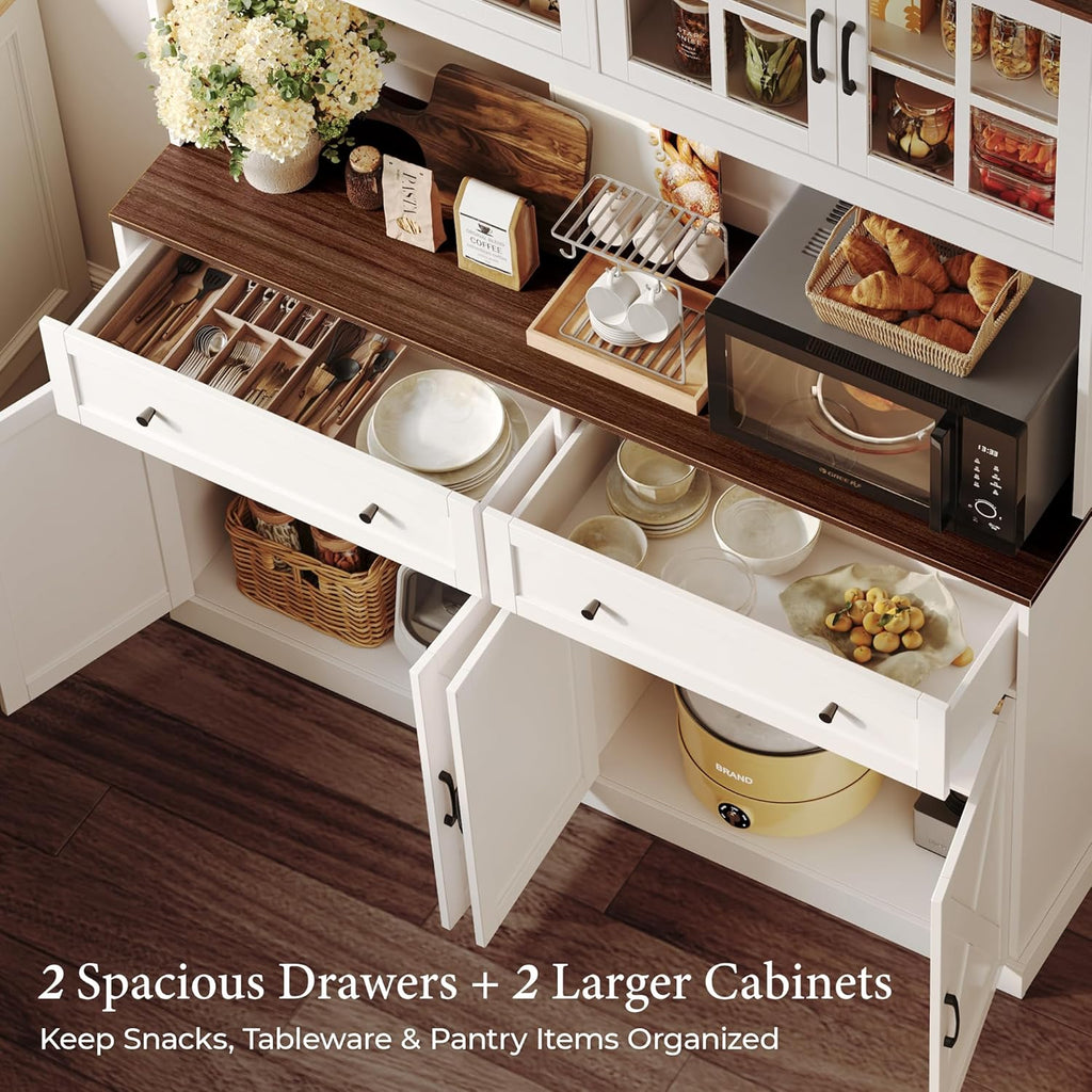 71''H x 55.1''W Pantry Cabinet with Charging Station, 4 Wide Cabinets Kitchen Pantry with 2 Drawers, Farmhouse Hutch