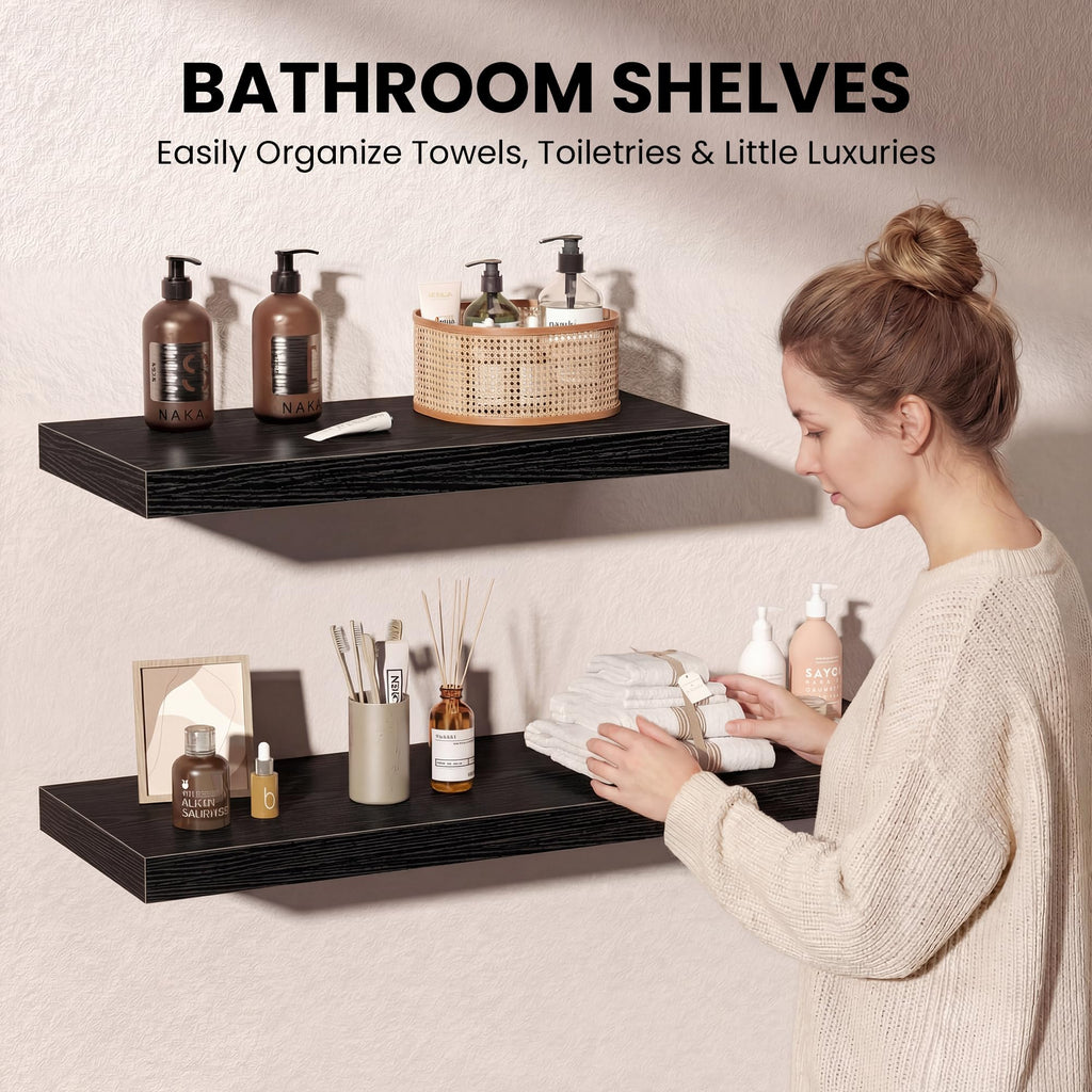 Black Floating Shelves - 2 Pack 30 Inch Long Rustic Wooden Wall Shelves - 12 Inch Deep Wall Mounted Storage Shelf