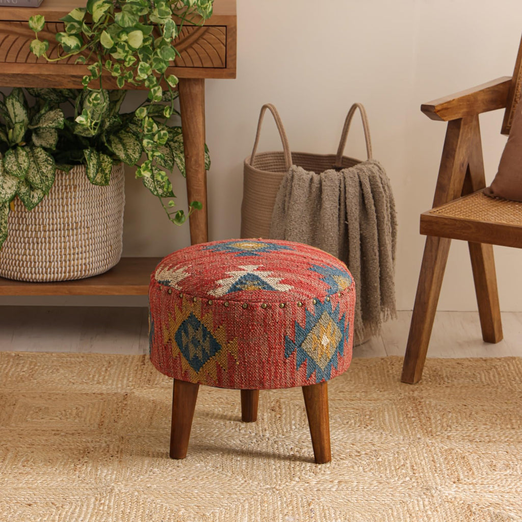 Handmade Kilim Jute Pouf Ottoman Stool | Round Upholstered Seating with Acacia Wood Legs | Decorative Foot Rest