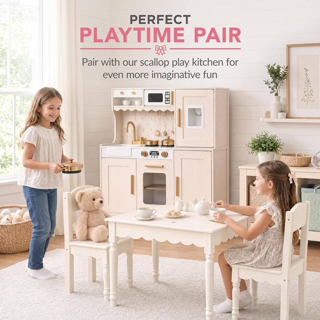 Kids Table and Chair Set for Toddlers, Solid Wood Activity Table and Chairs, Scalloped Edge Design, Sturdy 100 lb