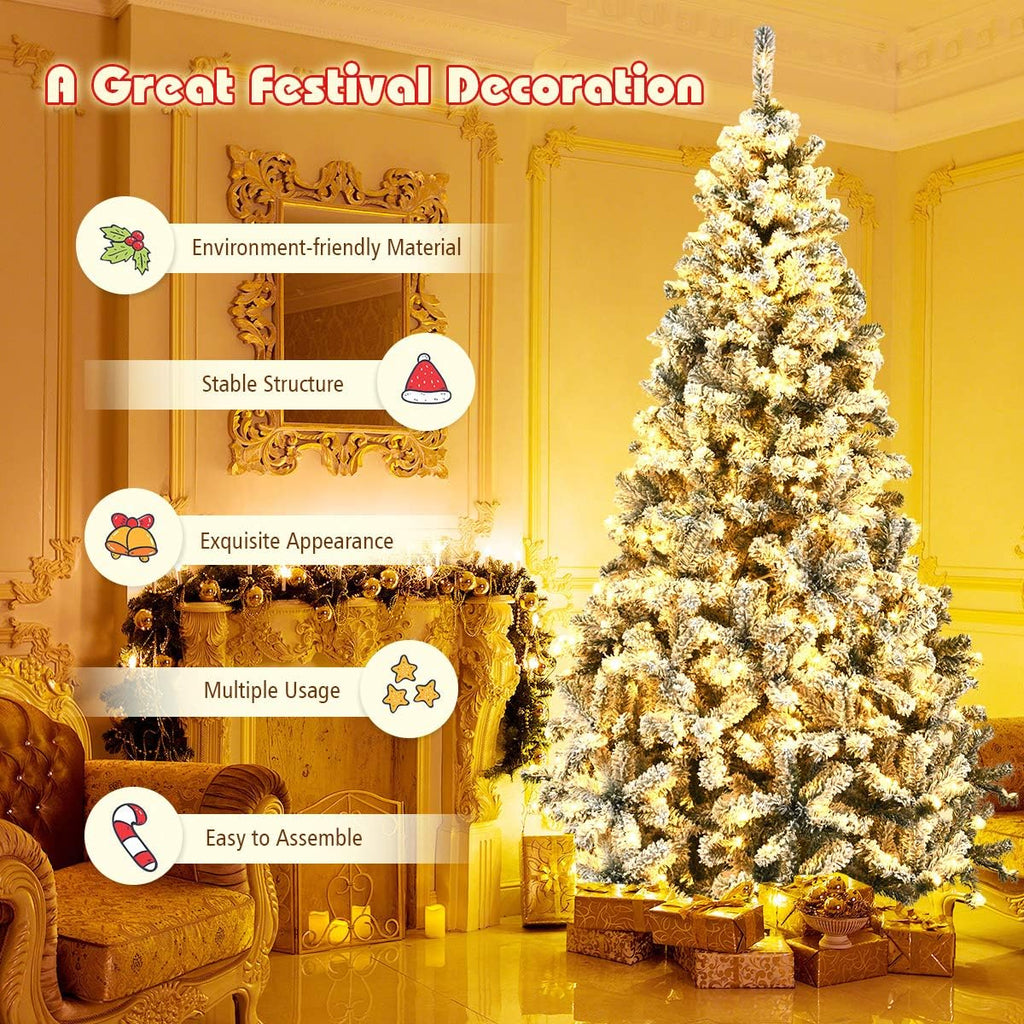 Pre-Lit Christmas Tree, Snow Flocked Hinged Xmas Tree