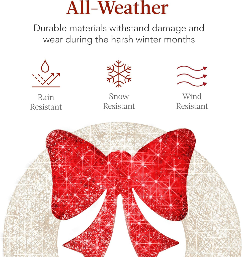 48in Pre-Lit Outdoor Christmas Wreath Decoration, LED Metal Holiday Decor w/ 140 Lights, Bow - White/Red