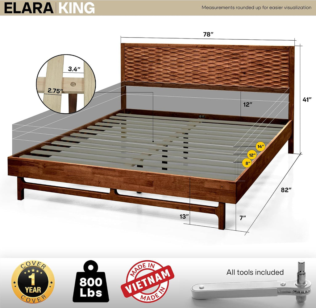Elara Wood Bed Frame with CNC-Carved Headboard, King Size, Walnut