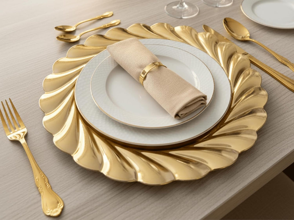 Gold Charger Plates, Swirl Wave Plate Chargers for Dinner Plate, Round Plastic Table Chargers - Set of 12
