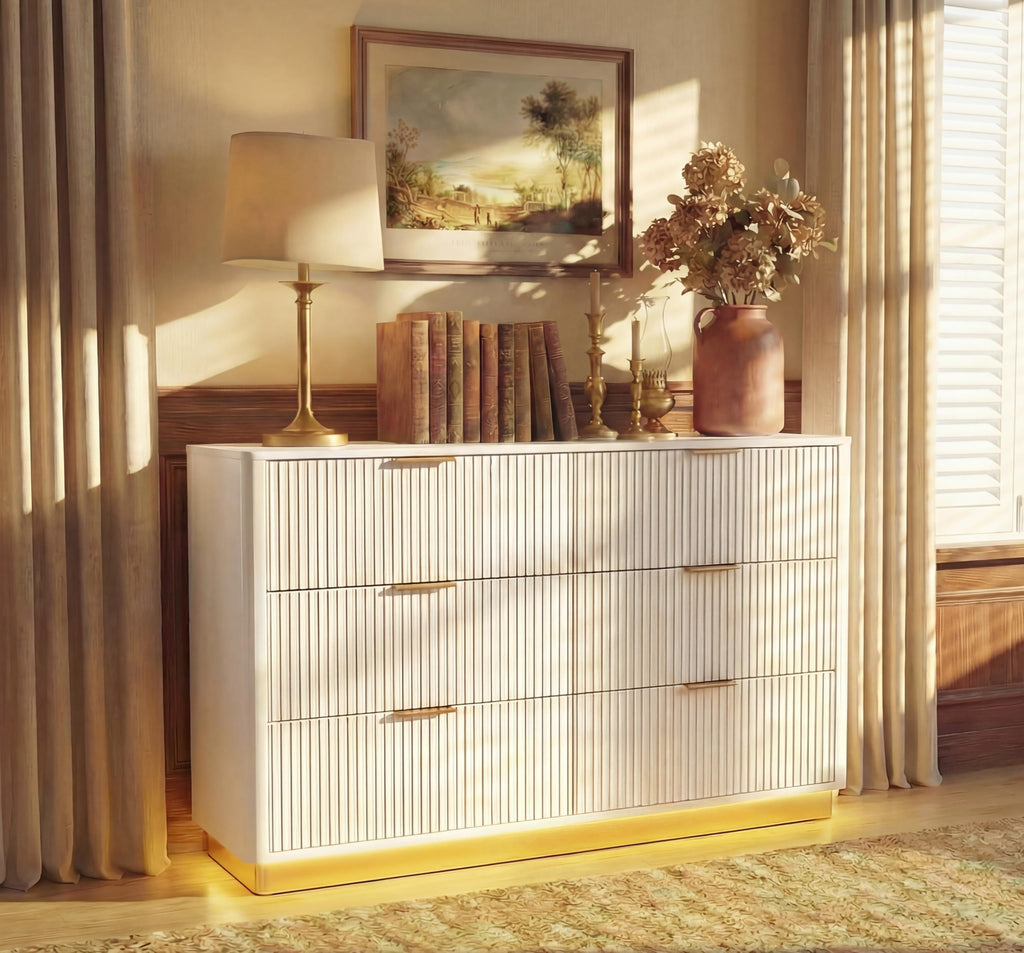 Fluted Dresser with 6 Drawers, 54" Wide Modern Chest of Drawers with Lighting, Wooden Dresser TV Stand with Curved