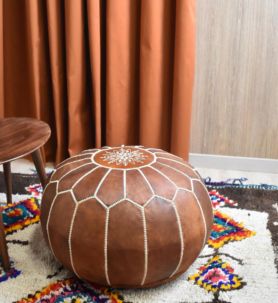 Premium Pouf - - Delivered Stuffed - Ottoman, Footstool, Floor Cushion (Cognac Brown)