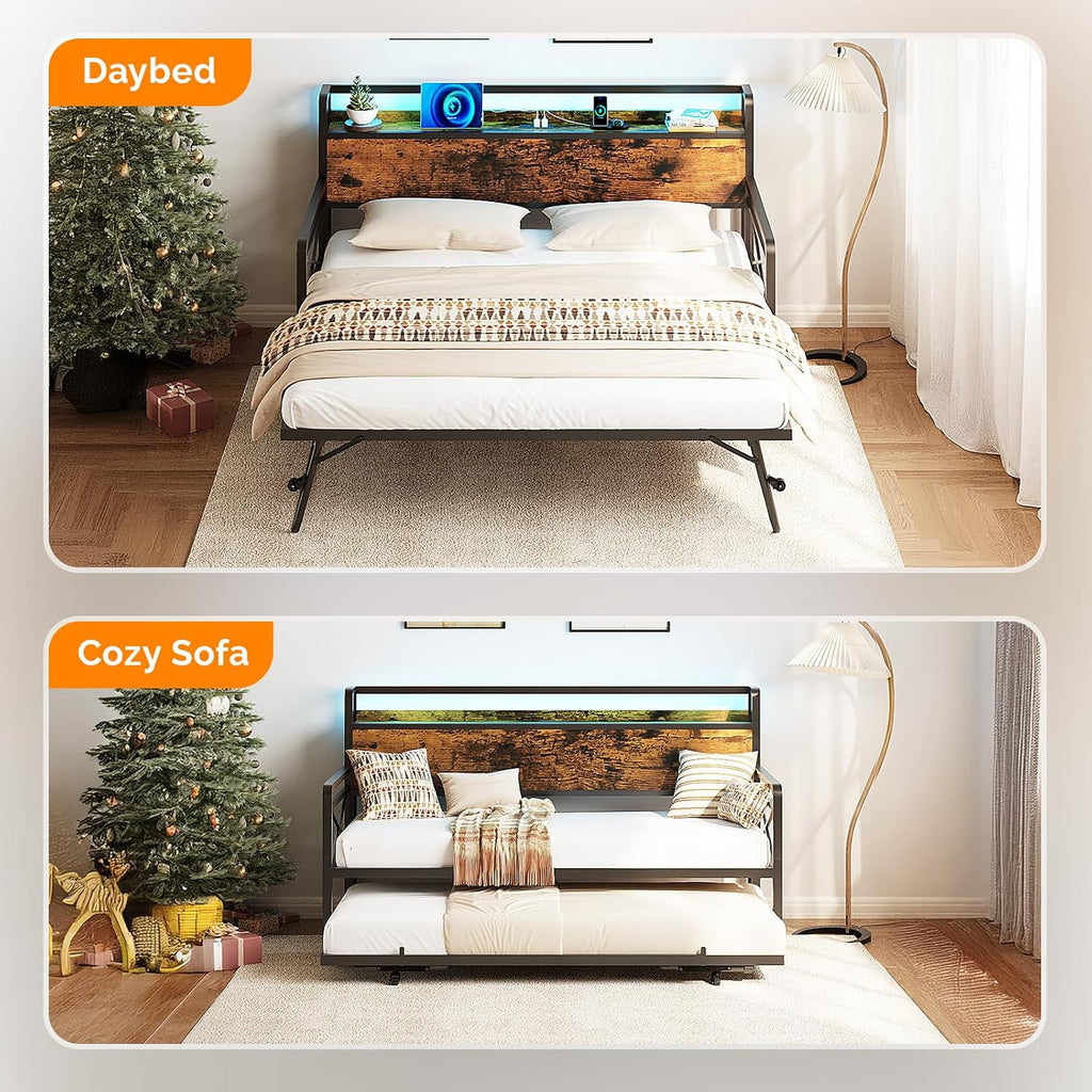 Daybed with Trundle Twin, Metal Daybed Frame with Pop-up Trundle Bed and Charging Station,Day Bed with Wooden Storage