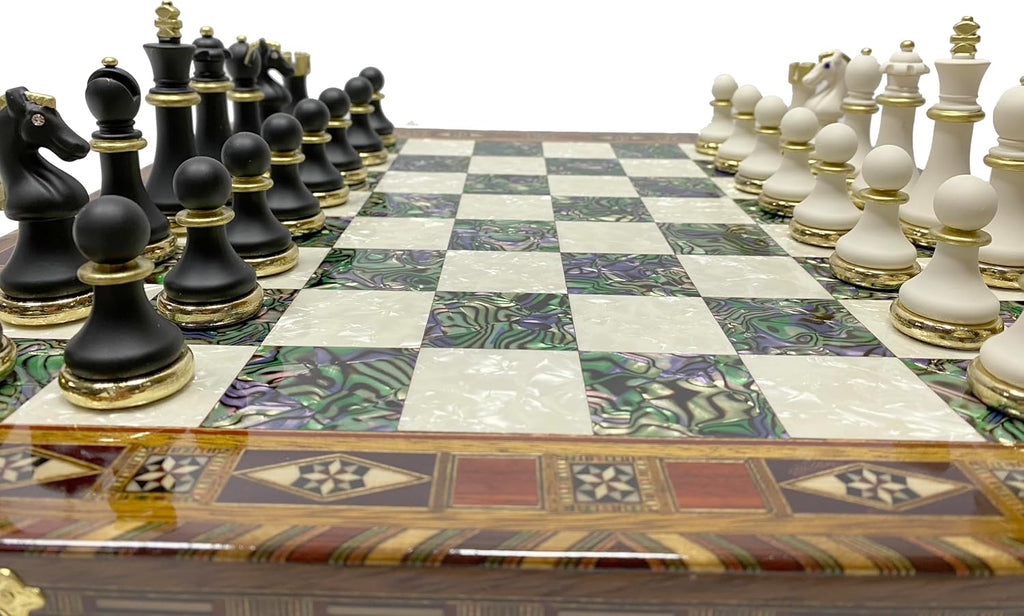 16.5 Inches Large Chess Set - Luxury Chess Pieces with 2 Extra Queens and Wooden Chess Board with Mosaic Details