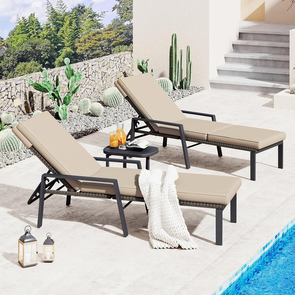 Chaise Lounge Chairs for Outdoor, Lounge Chairs Set of 2, Adjustable PE Rattan Wicker Patio Pool Lounge Chair with