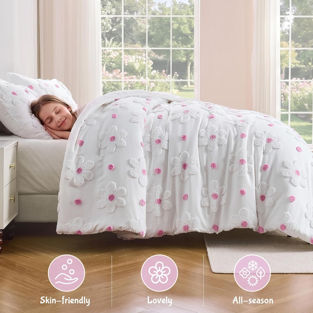 Twin Comforter Set for Girls 2 Pieces Tufted Daisies Flowers Pink Floral Twin Girls Bedding Sets Bed in A Bag Cute