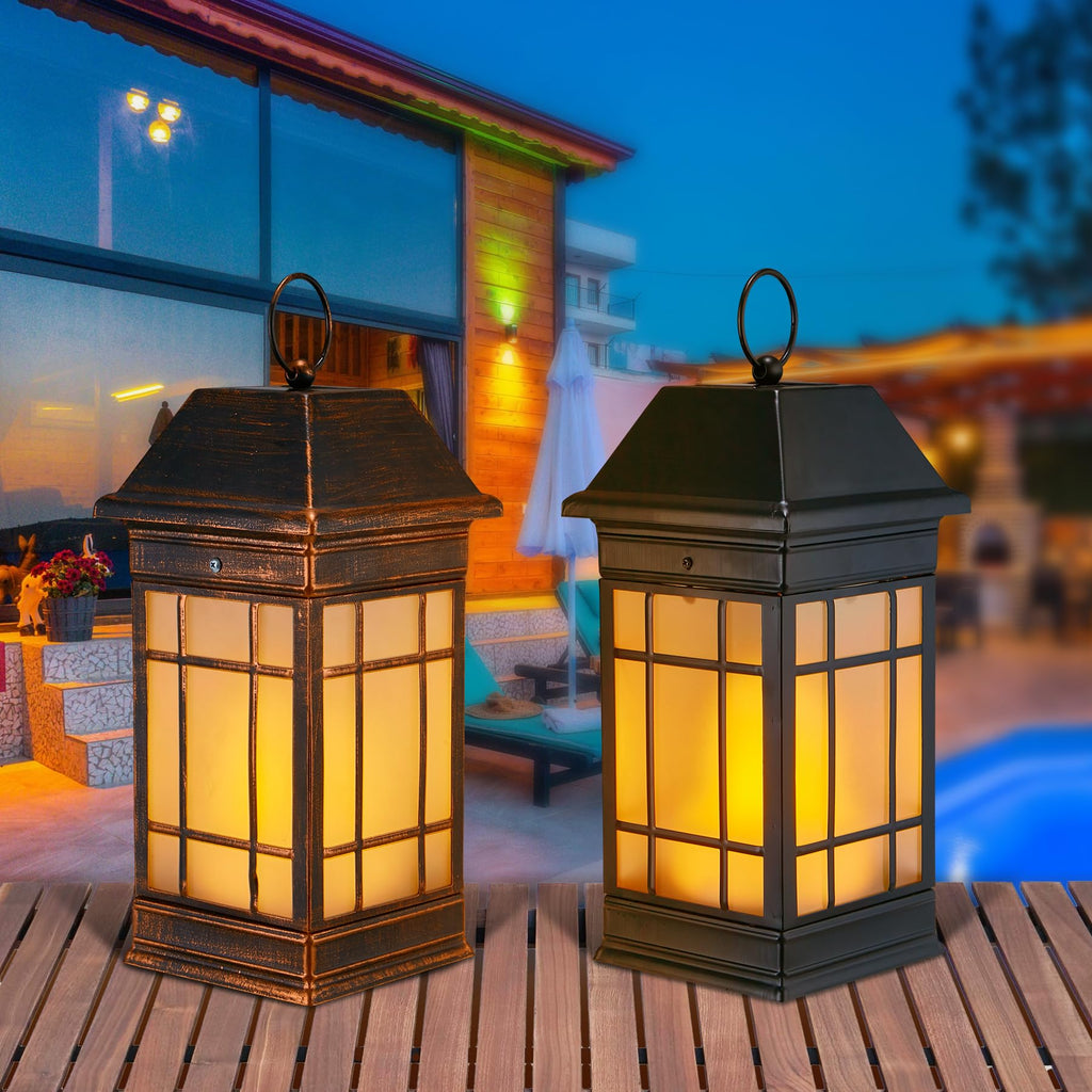 15.5" Solar Lantern Outdoor Waterproof, Glass Flickering Flame Solar Lanterns, Hanging Metal Lantern Decorative Front