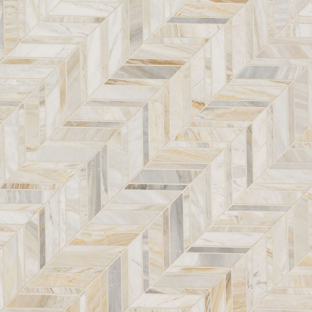 Mesh Mounted Marble Mosaic Tile | Athena Gold Chevron | 12" x 12"