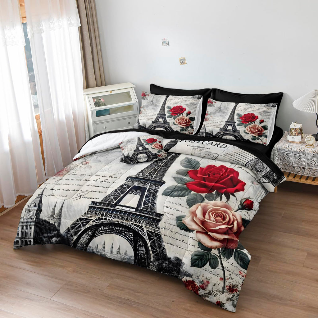 Vintage Paris Bedding Set Romantic Eiffel Tower Comforter Set King Size 8-Piece Parisian Style Comforter Set Elegant