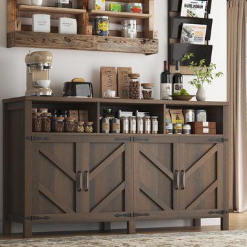Buffet Sideboard with Storage Farmhouse, Large Kitchen Storage Cabinet Wood Coffee Bar Cabine Buffet, 55in, Brown
