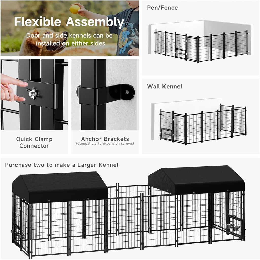 Dog Kennel Outdoor, Outside Dog Kennel with Roof & Swivel Feeders/Removable Doggy Door Allow Connecting Your Dog