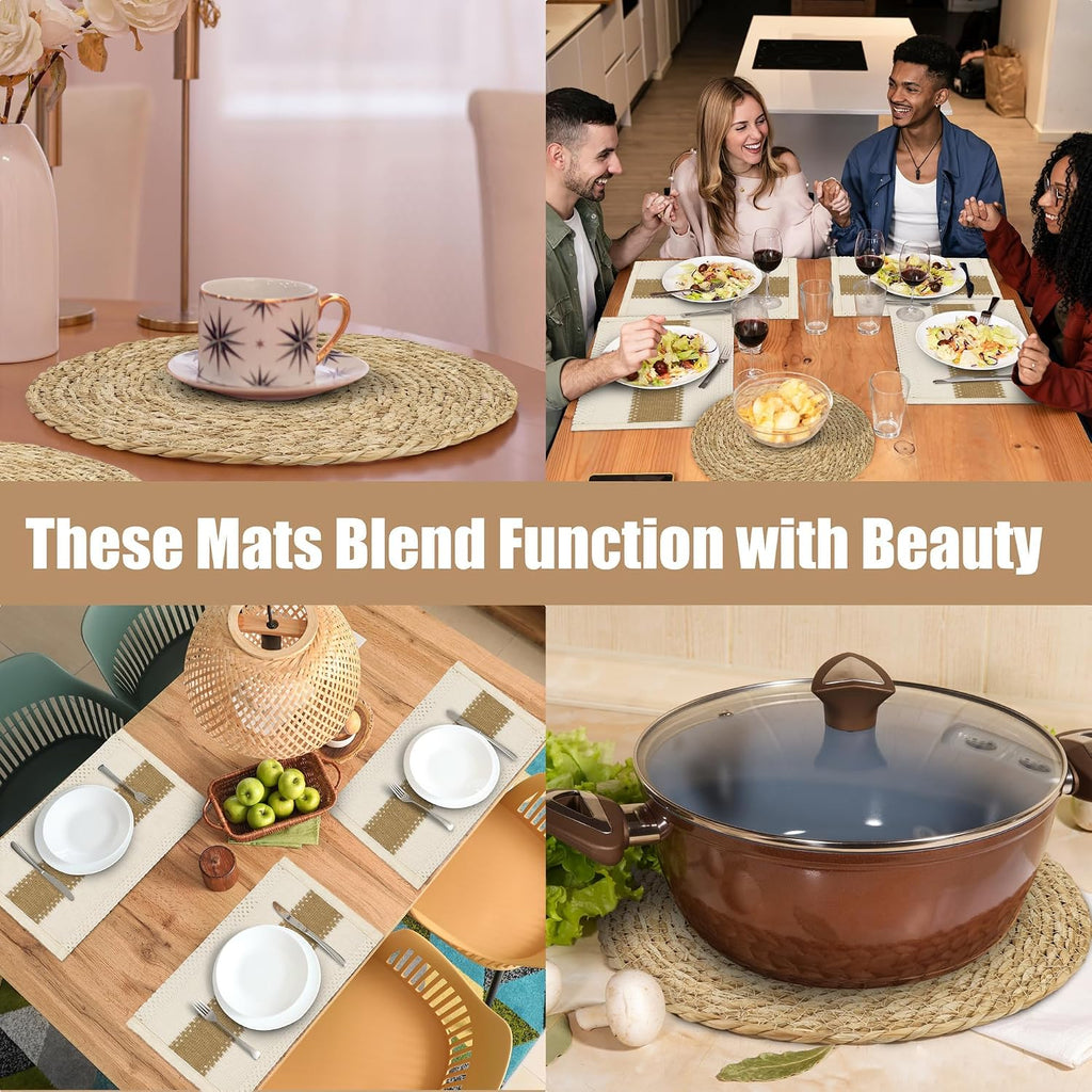 Set Handmade Boho Placemats Natural Cotton Burlap Table Mats, 6 Rectangle with Tassel & 6 Round Bulrush Placemats - Set of 12