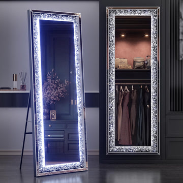 55"×20" LED Full-Length Mirror Crystal Crush Diamond, Wall Mounted Diamond Mirror Leaning Bedroom Dimming & 3 Color