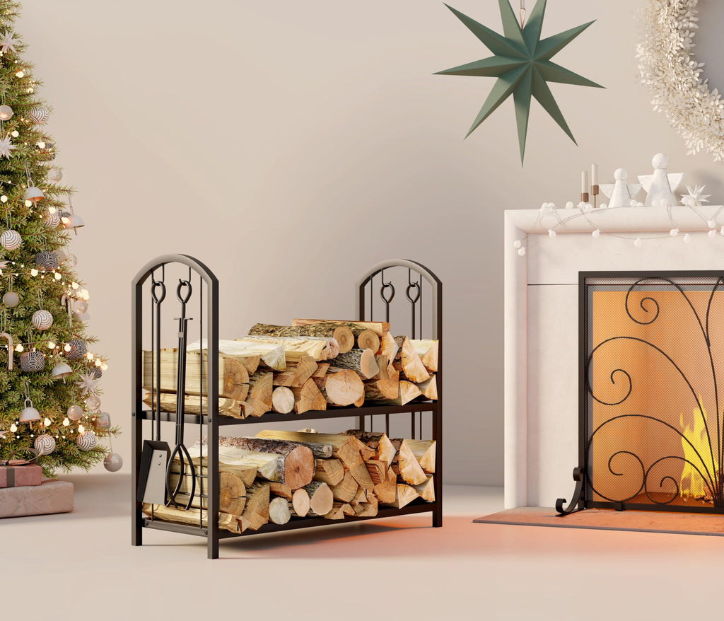 Wrought Iron Firewood Log Rack with 4 Pcs Fireplace Tools Black