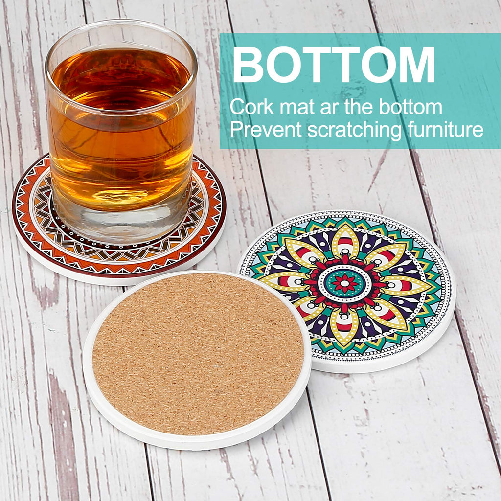 Coasters for Drinks, Set of 8 Absorbent Stone Coasters for Wooden Table, Mandala Ceramic with Cork Base, Gift warming