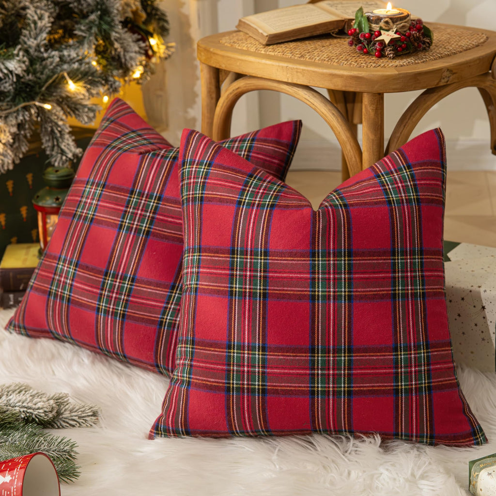 Christmas Plaid Decorative Throw Pillow Covers Red 26x26 Inches