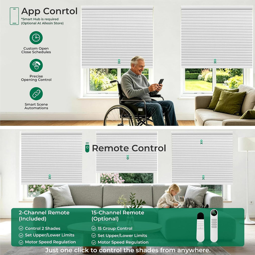 Motorized Cellular Shades No Drill with Remote,White, | Easy-to-Install Honeycomb Blinds with Voice Control,Solar