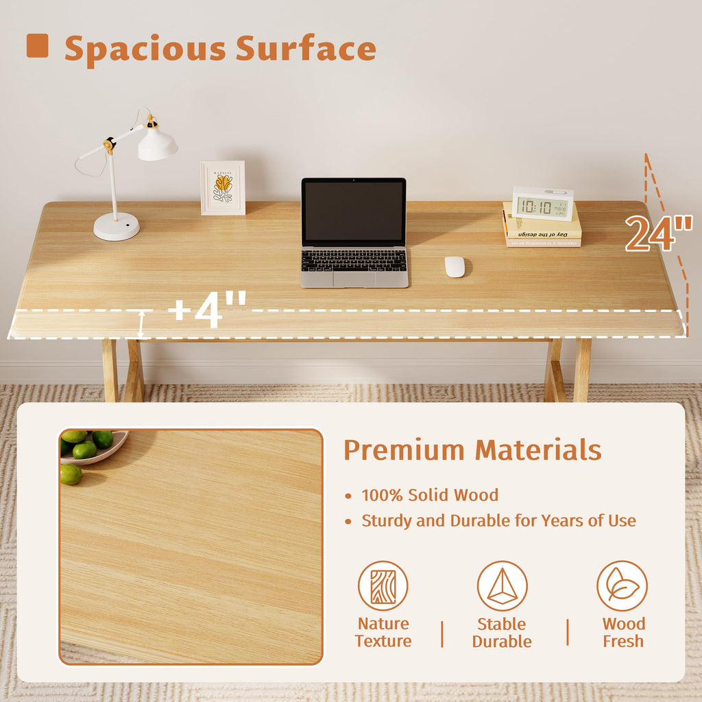 Solid Wood Writing Table - 48" W Minimalist PC Computer Desk, Oak