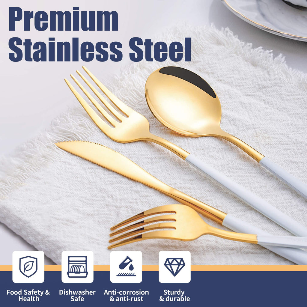 40 Piece White Gold Silverware Set,Stainless Steel Flatware Cutlery Set Service for 8 Including Forks Spoons