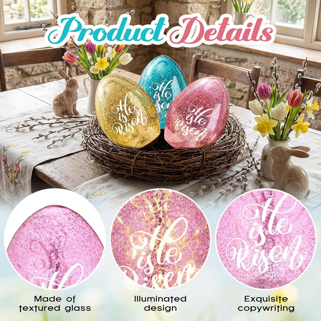 Easter Egg Light Decorations, He is Risen Table Centerpiece Lights with Timer Mercury Glass Egg Lamps, Spring - Set of 3