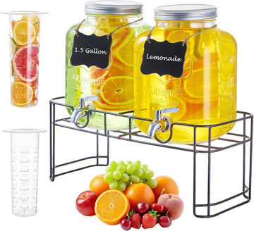 1.5 Gallon for Parties, 2PACK Beverage Dispenser with Stand, Ice Cylinder and Stainless Steel Spigot 100% Leakproof