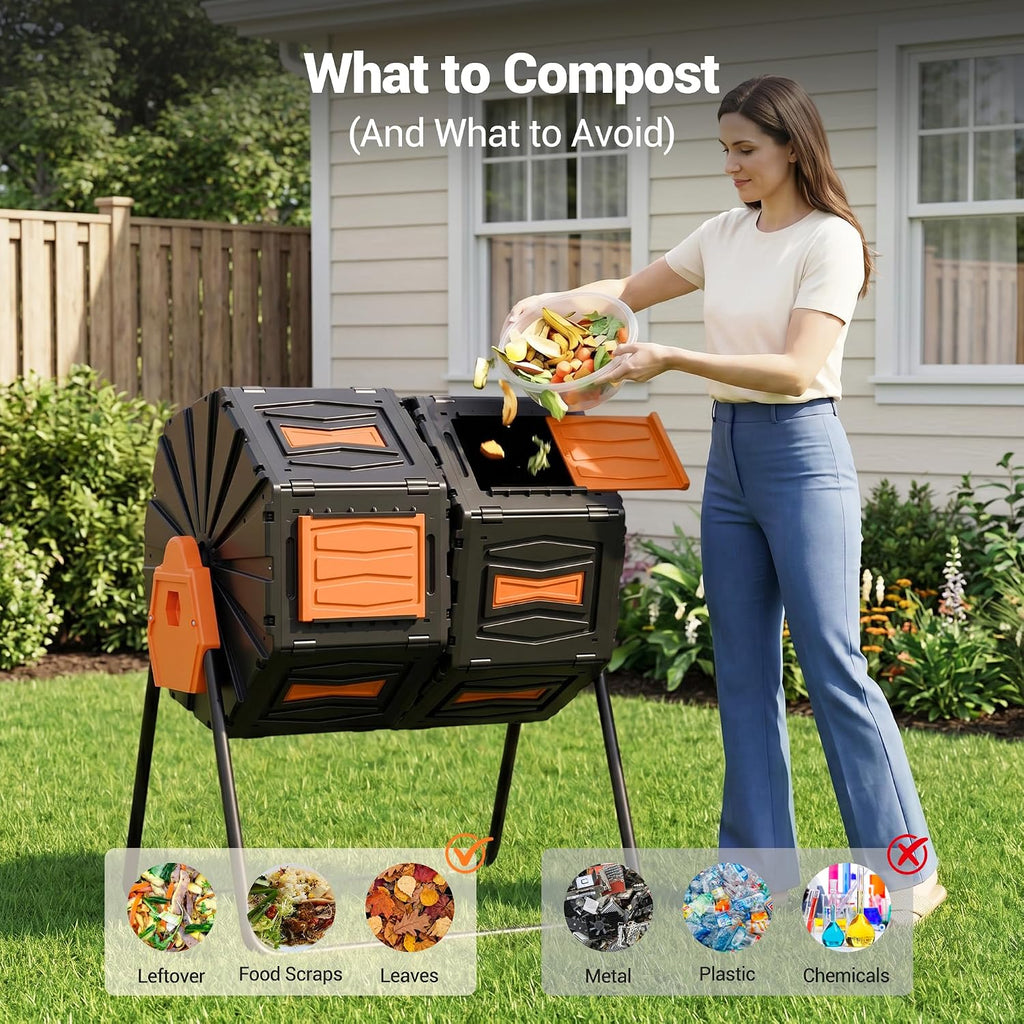 Composter Tumbler Outdoor, 45Gal Dual Chamber Batch Rotating Compost Tumbler, Easy Assembly/UV Resistant/BPA-Free/HOA