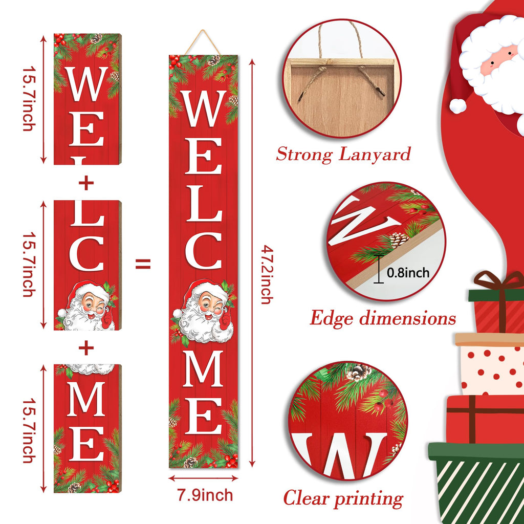 Christmas Wooden Porch Sign 47" Santa Claus Large Welcome Porch Sign Front Door Yard Party Decor(Red)