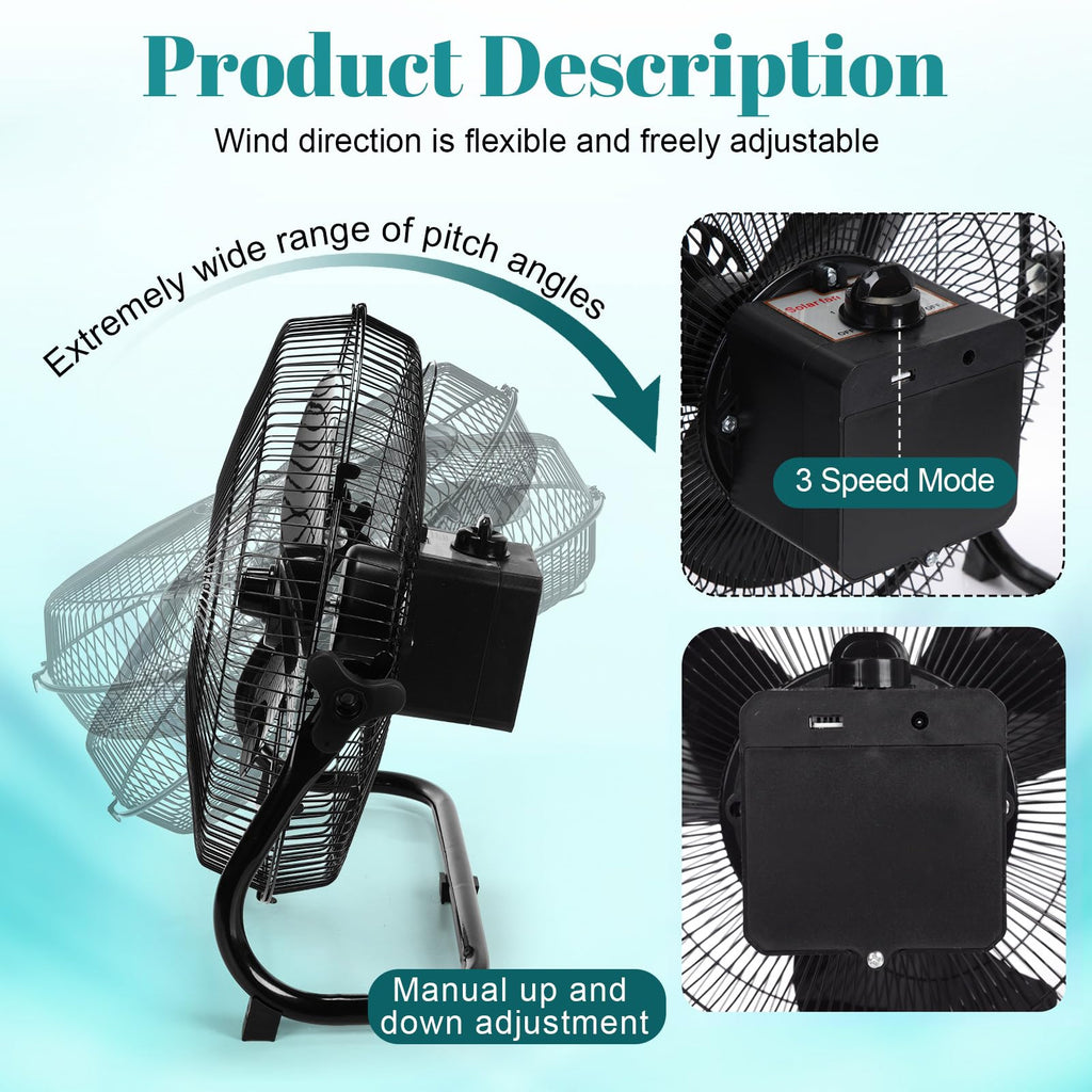 12 Inch Black Solar Panel Powered Fan, 12W 9V Portable