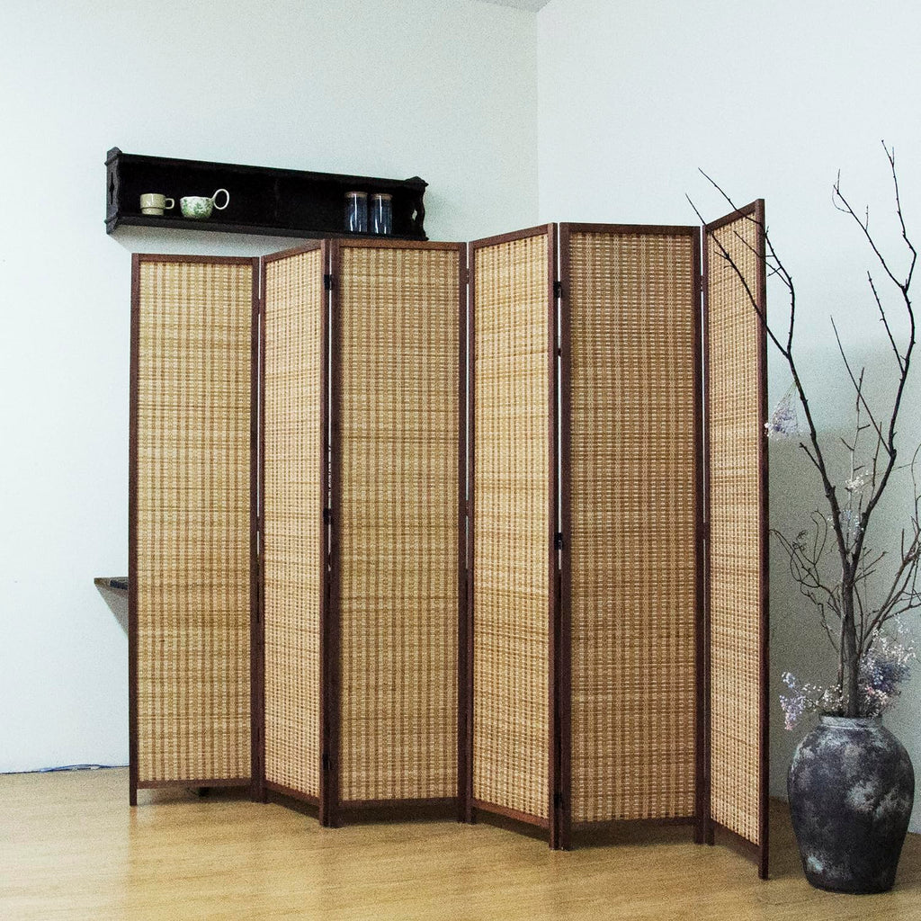 6 Panel Bamboo Room Divider - 5.6 ft Tall Brown Folding Privacy Screen, Double-Sided Freestanding Partition Wall with